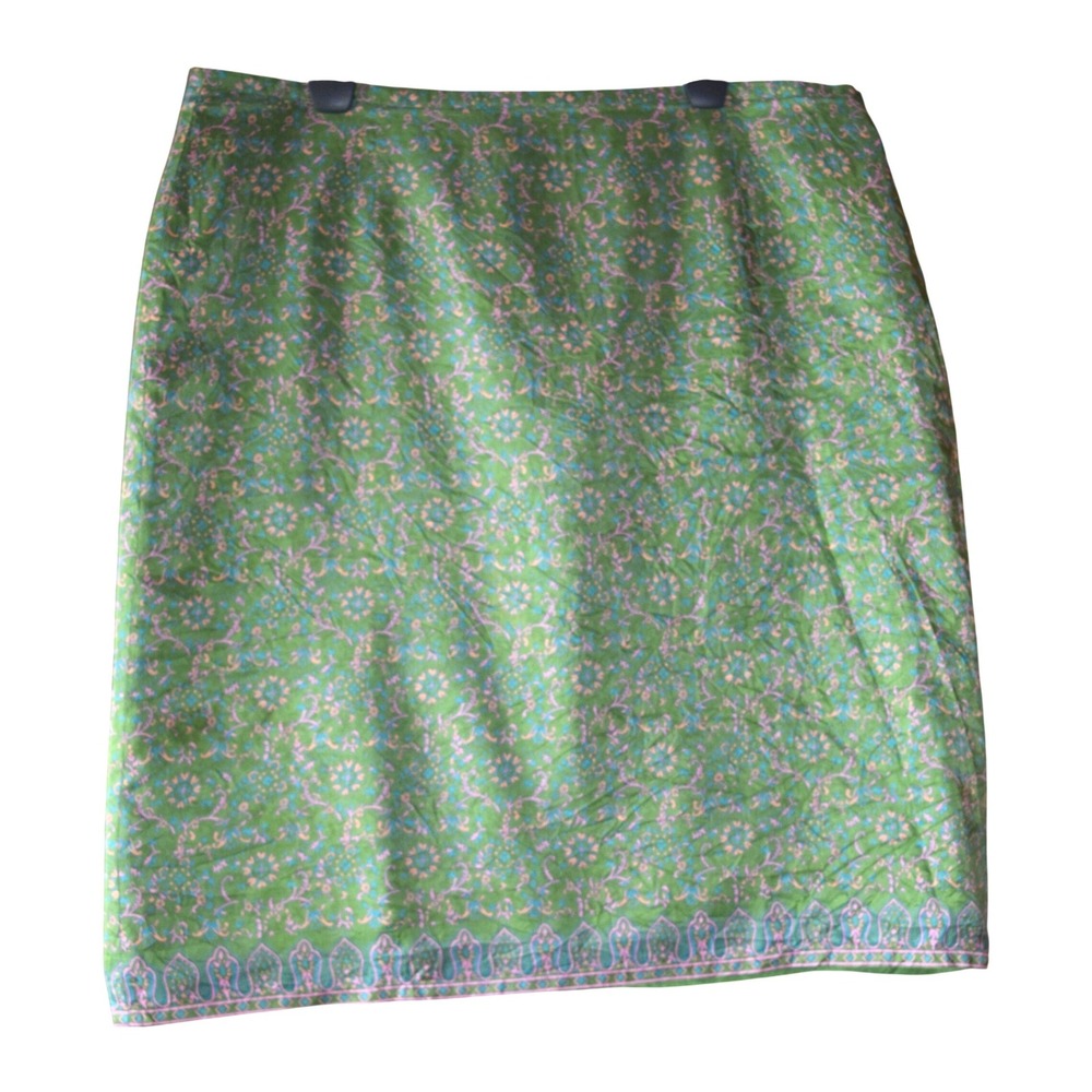 Old Navy Silk Skirt Women 18 Green Floral Paisley A-Line Excellent Knee Length